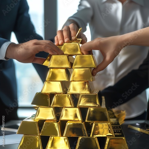 Business team stacking gold bars symbolizes investment, wealth, and financial success in a modern office setting. photo