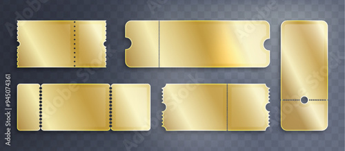 Golden blank coupon or entrance ticket. Realistic 3d vector illustration set of luxury gold paper badge template for concert event or cinema pass admission. Circus entry receipt or discount tag.