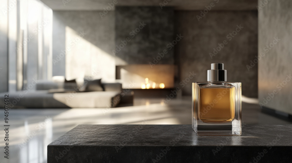 Sophisticated cologne ad featuring a sleek bottle in a modern apartment with moody Sophisticated cologne ad featuring a sleek bottle in a modern apartment with moody