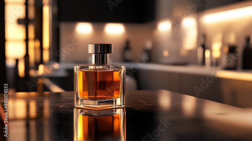 Sophisticated cologne ad featuring a sleek bottle in a modern apartment with moody