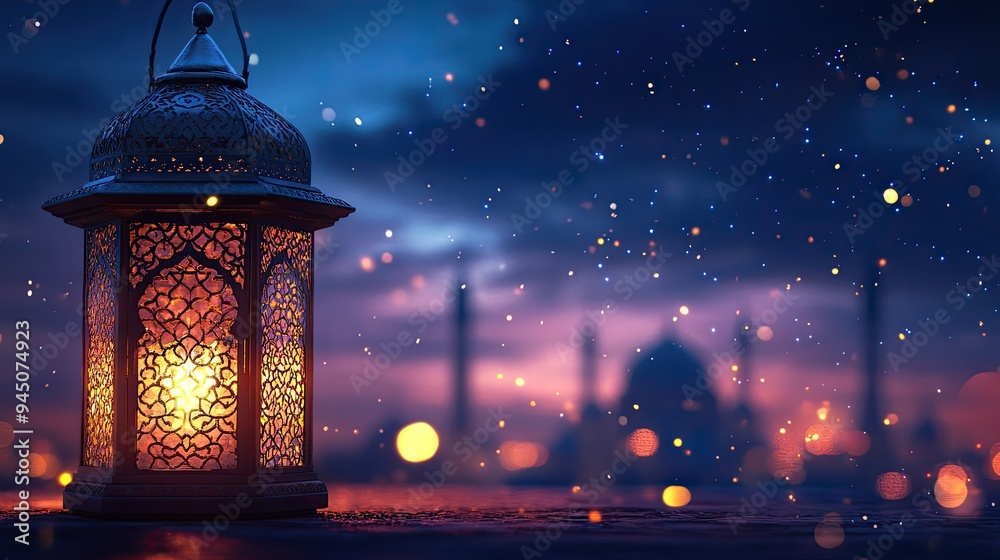Ornamental Lantern with Blurry Mosque Background Ornamental Lantern with Blurry Mosque Background