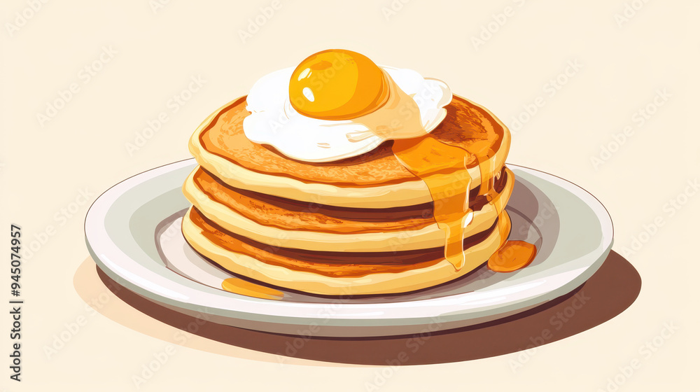 Delicious pancakes topped with sunny side up egg, drizzled with syrup, evoke sense of comfort and satisfaction. Delicious pancakes topped with sunny side up egg, drizzled with syrup, evoke sense of comfort and satisfaction.