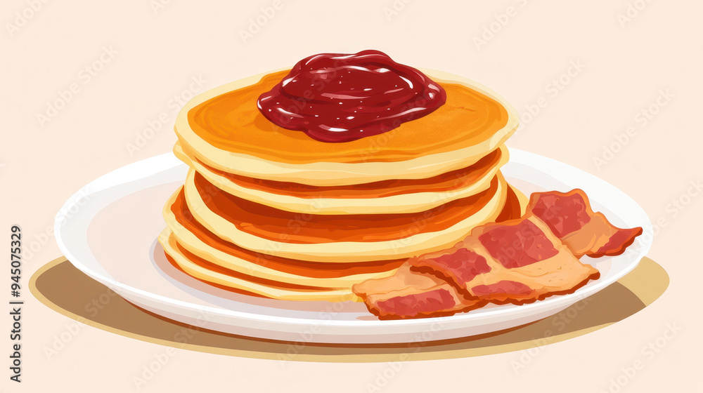 Delicious pancakes stacked high with syrup and crispy bacon on side, evoking sense of comfort and indulgence. Delicious pancakes stacked high with syrup and crispy bacon on side, evoking sense of comfort and indulgence.