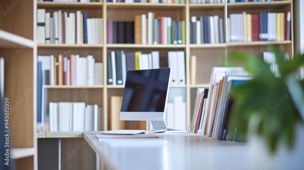 Bookshelves filled with neatly arranged books are visible in the background, while a table hosts a computer, creating an inviting study atmosphere Bookshelves filled with neatly arranged books are visible in the background, while a table hosts a computer, creating an inviting study atmosphere