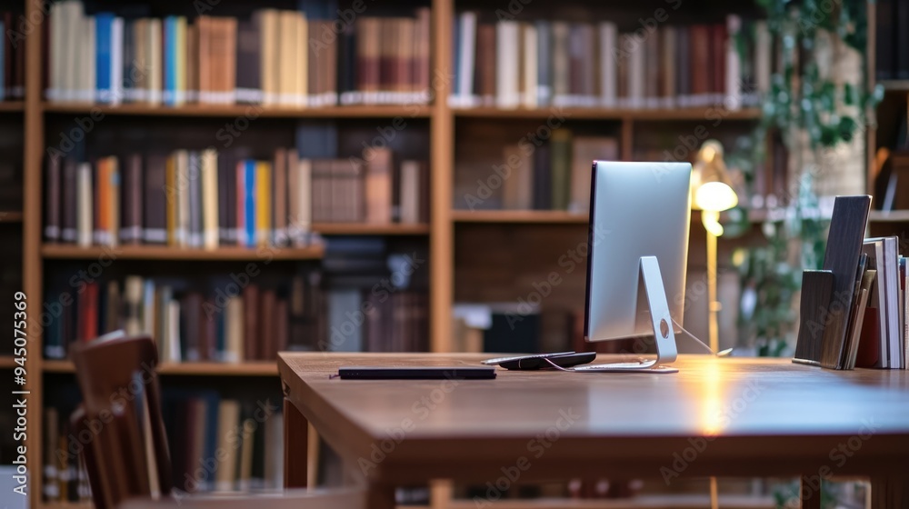 A serene library environment features a wooden table with a computer and a blurred background of bookshelves filled with various titles A serene library environment features a wooden table with a computer and a blurred background of bookshelves filled with various titles
