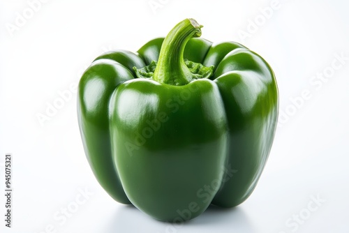 A vibrant green bell pepper on a white background, showcasing its smooth texture and shape.