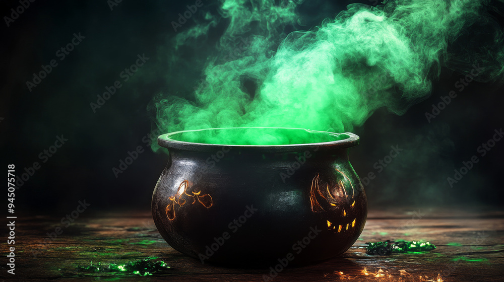 A cauldron bubbling with green smoke.