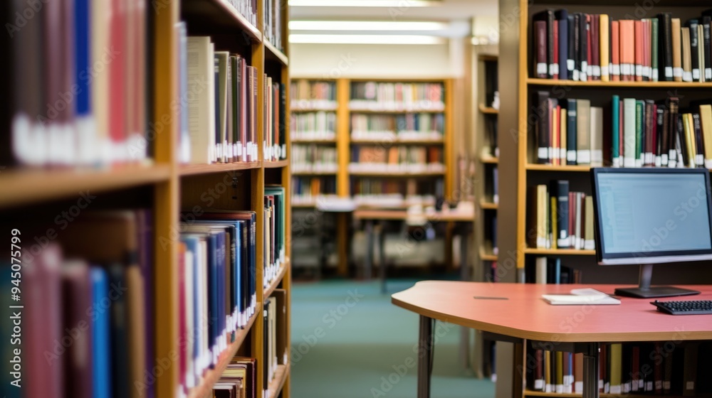 In a tranquil library, rows of bookshelves are prominently displayed, while a table with a computer offers a space for study and research activities In a tranquil library, rows of bookshelves are prominently displayed, while a table with a computer offers a space for study and research activities
