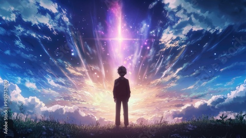 The young man stands with his back to the viewer, captivated by a breathtaking sky illuminated with brilliant colors and patterns during twilight