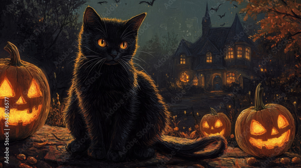 A black cat illuminated by the glow of jack-o'-lanterns, creating a haunting and enchanting atmosphere for Halloween-themed visuals. A black cat illuminated by the glow of jack-o'-lanterns, creating a haunting and enchanting atmosphere for Halloween-themed visuals.