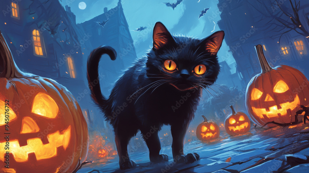 A spooky scene featuring a black cat with glowing jack-o'-lanterns, ideal for adding a touch of feline mystique to your Halloween designs. A spooky scene featuring a black cat with glowing jack-o'-lanterns, ideal for adding a touch of feline mystique to your Halloween designs.