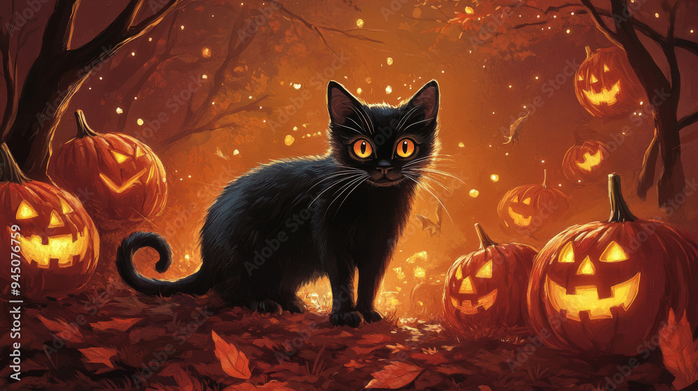 A mysterious black cat sitting beside glowing jack-o'-lanterns, perfect for capturing the eerie and magical essence of Halloween night.