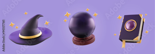 Witchcraft items set isolated on background. Vector realistic illustration of black witch hat, fortunetelling ball, magic spell book with golden decoration and stars, Halloween sorcery game assets