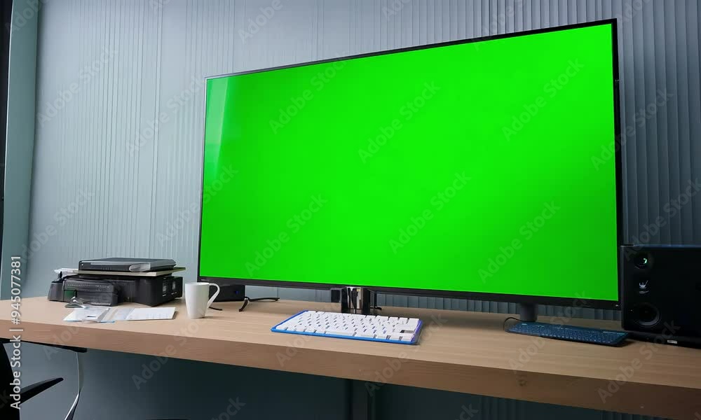 Green Screen Workspace: Tech Setup with Desk, Keyboard, and Peripherals Green Screen Workspace: Tech Setup with Desk, Keyboard, and Peripherals
