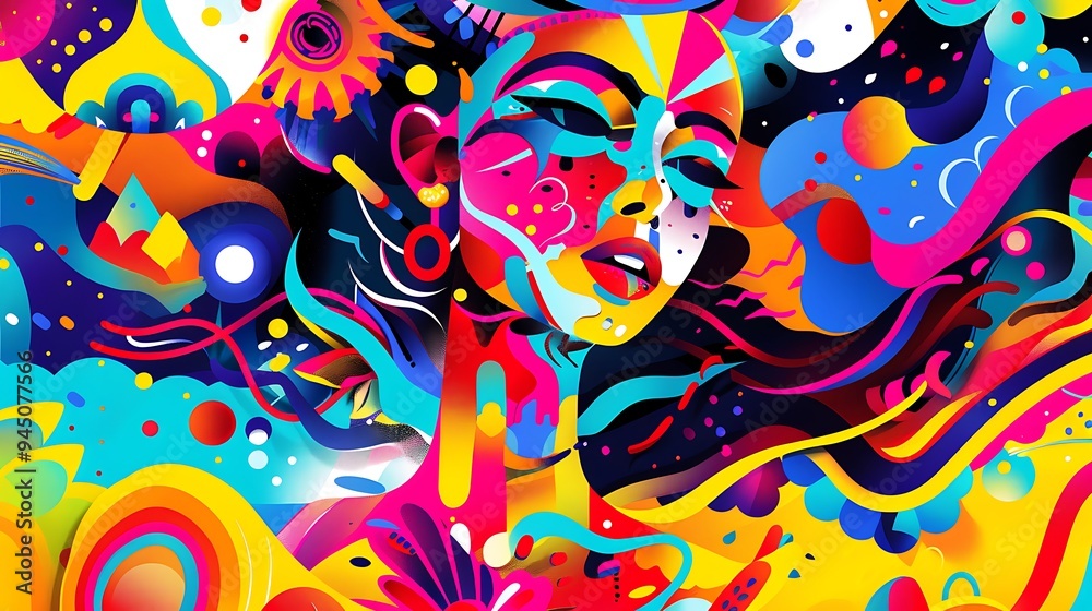 A vibrant and colorful illustration of a lady with a joyful expression, surrounded by abstract shapes and patterns in bright hues, capturing a lively and energetic vibe. 8k UHD, suitable for A vibrant and colorful illustration of a lady with a joyful expression, surrounded by abstract shapes and patterns in bright hues, capturing a lively and energetic vibe. 8k UHD, suitable for