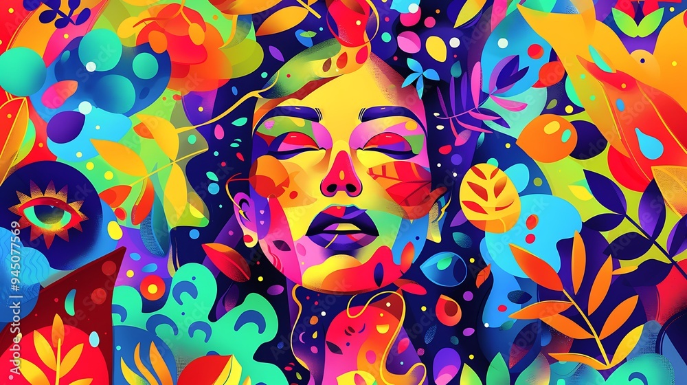 A vibrant and colorful illustration of a lady with a joyful expression, surrounded by abstract shapes and patterns in bright hues, capturing a lively and energetic vibe. 8k UHD, suitable for A vibrant and colorful illustration of a lady with a joyful expression, surrounded by abstract shapes and patterns in bright hues, capturing a lively and energetic vibe. 8k UHD, suitable for
