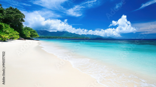 Sunny Seychelles beach scene featuring fine white sand, calm azure ocean, and bright blue