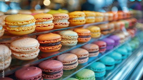 A colorful display of macaron pastries in a bakery, showcasing a delightful variety of flavors and vibrant hues.