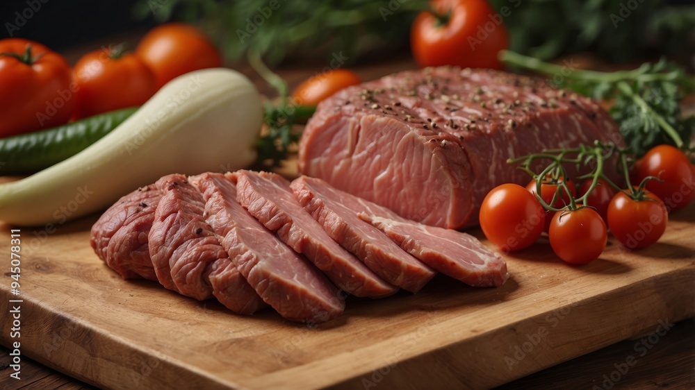 Meat and Vegetables on Wooden Cutting Board. Meat and Vegetables on Wooden Cutting Board.