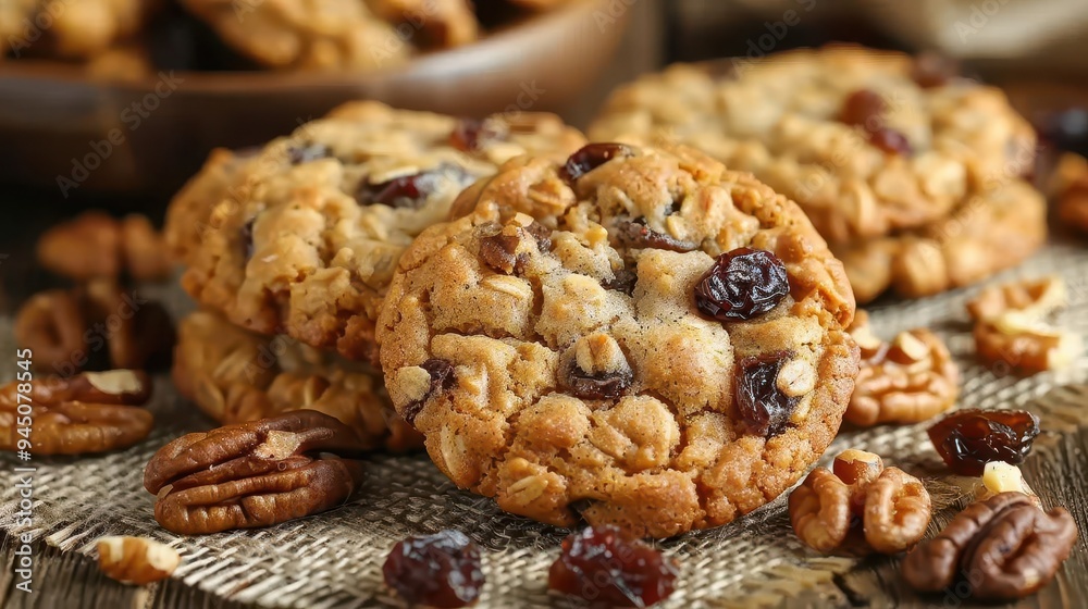 Delicious homemade cookies with nuts and raisins on a rustic wooden table, perfect for snacks or dessert. Delicious homemade cookies with nuts and raisins on a rustic wooden table, perfect for snacks or dessert.