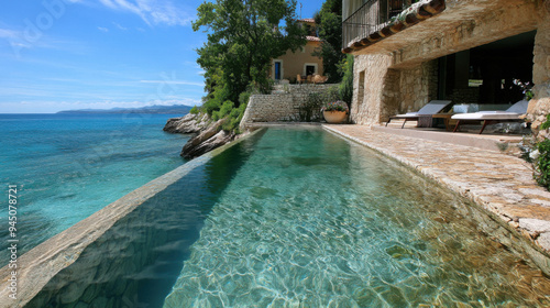 Stunning pool carved into stone, adjacent to a rustic house built into the cliffs of a French