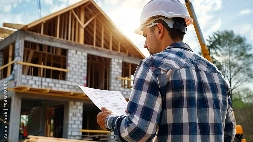 A construction worker in a hard hat looks at a new home under construction. A construction worker in a hard hat looks at a new home under construction.
