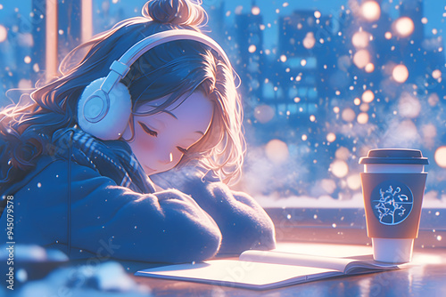 Girl writing in a journal at a snowy coffee shop with a warm drink and soft scarf. Anime style, Cozy vibes