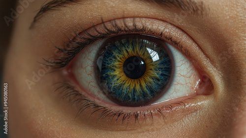 Close-up of a Human Eye with Vibrant Blue and Yellow Iris