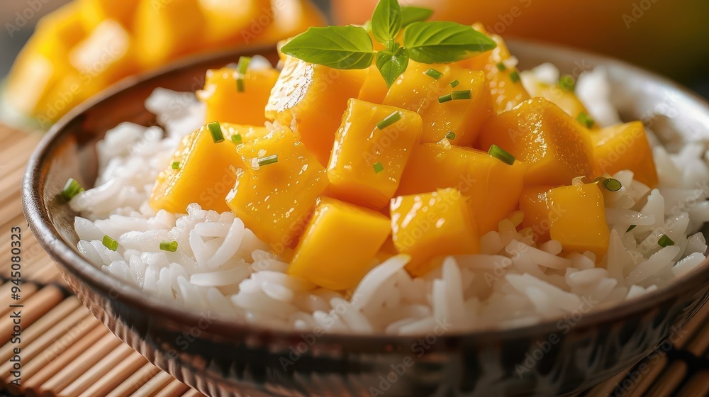Delicious mango served on fluffy rice, garnished with fresh herbs. A colorful and vibrant dish perfect for summer meals.