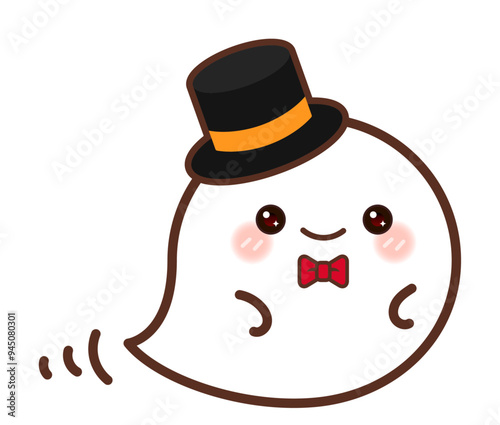 シルクハットをかぶって、ふわふわ空を飛ぶ、ハロウィンのかわいいおばけ