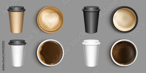 Coffee cup mockups set isolated on background. Vector realistic illustration of latte, espresso, cappuccino, tea and hot chocolate to-go with milky froth on surface, cafe menu icons top and side view