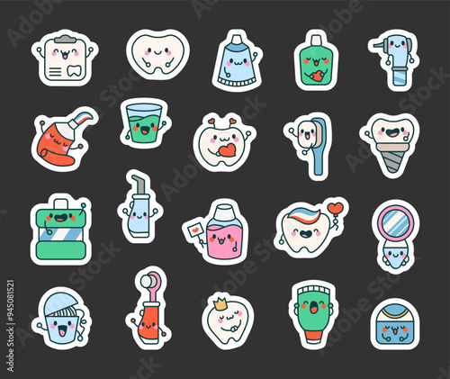 Cute cartoon dentist tool. Sticker Bookmark. Medical items with smiling faces. Hand drawn style. Vector drawing. Collection of design elements.