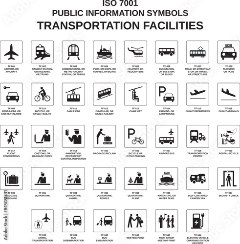 set of iso 7001 transportation facilities symbols on white background