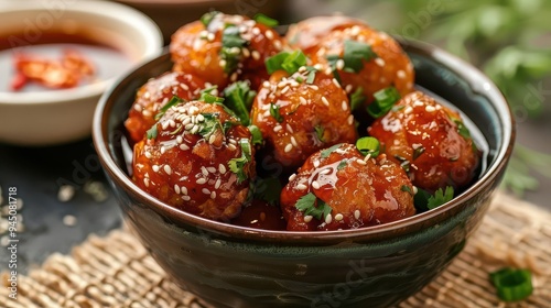 Delicious savory meatballs covered in a glossy sauce and garnished with green onions and sesame seeds in a rustic bowl.