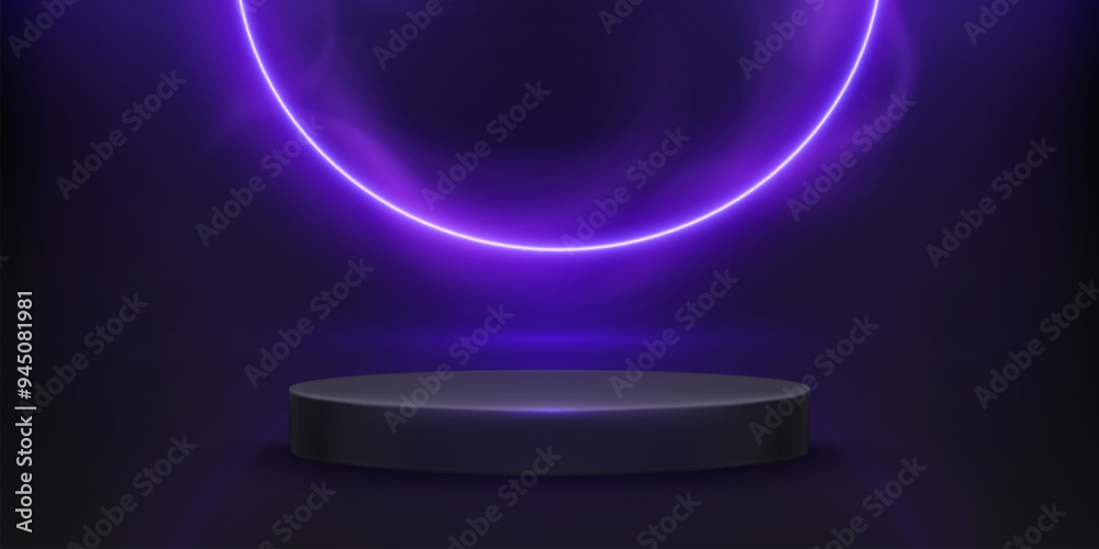 Round podium and neon circle on black background. Vector realistic illustration of dark showroom with high tech product presentation platform, purple light in cloud of smoke, night club banner Round podium and neon circle on black background. Vector realistic illustration of dark showroom with high tech product presentation platform, purple light in cloud of smoke, night club banner