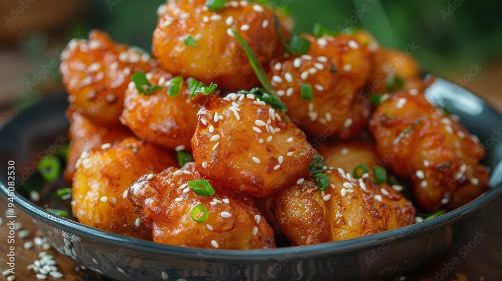 Deliciously glazed and garnished snack with sesame, perfect for sharing or serving at parties and events. Deliciously glazed and garnished snack with sesame, perfect for sharing or serving at parties and events.
