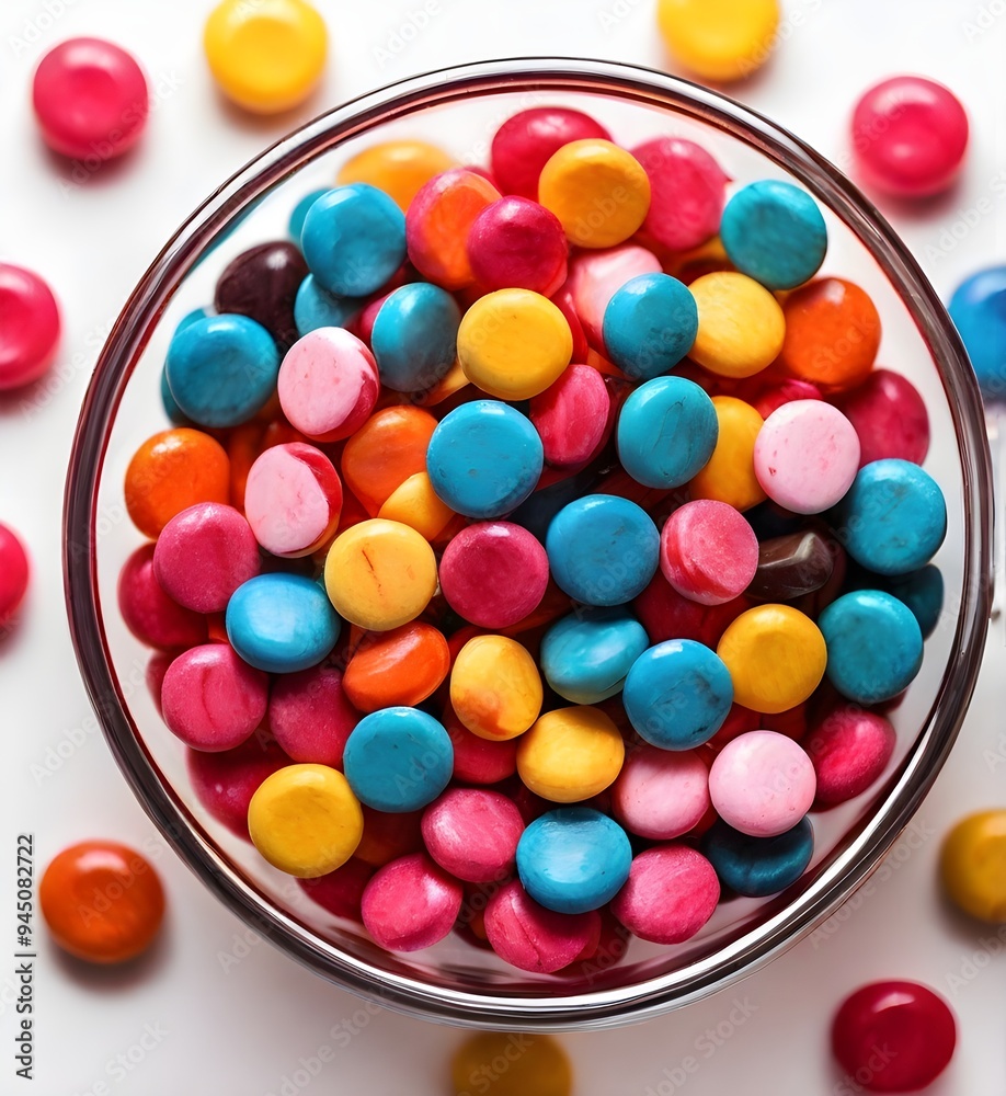 Colorful candies in glass bowl isolated on white background. Top view. Colorful candies in glass bowl isolated on white background. Top view.