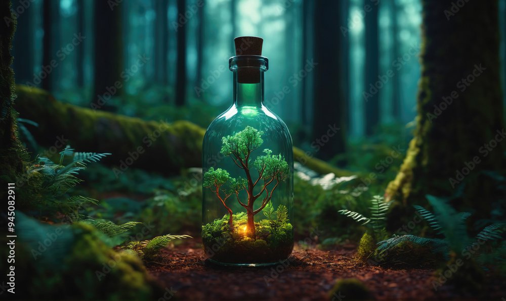 A glass bottle containing a miniature tree sits on the forest floor, surrounded by lush ferns and moss A glass bottle containing a miniature tree sits on the forest floor, surrounded by lush ferns and moss