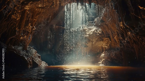 A mystical cave illuminated by shafts of light, with ancient symbols carved into the walls and the sound of dripping water echoing through the chamber, creating a space for introspection and inner 