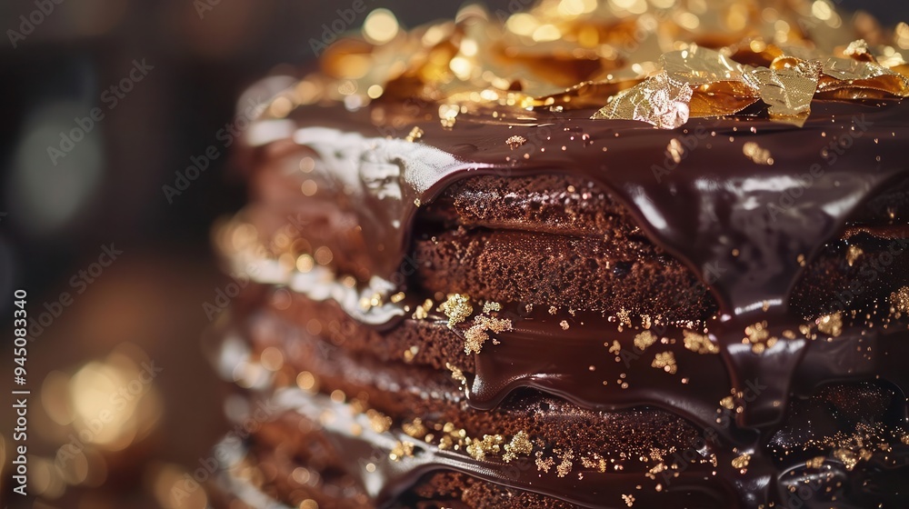 Indulge in a rich chocolate cake adorned with golden flakes, perfect for celebrations and special occasions. Indulge in a rich chocolate cake adorned with golden flakes, perfect for celebrations and special occasions.