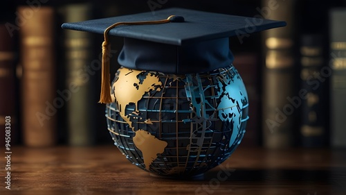 Earth globe graduation cap, notion of global business study, and generative artificial intelligence photo