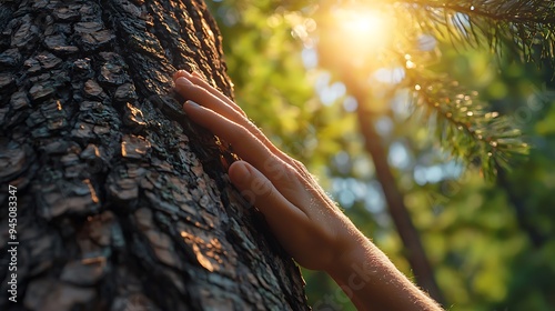 In the forest sunlight, a hand gently touches the rough texture of tree bark.