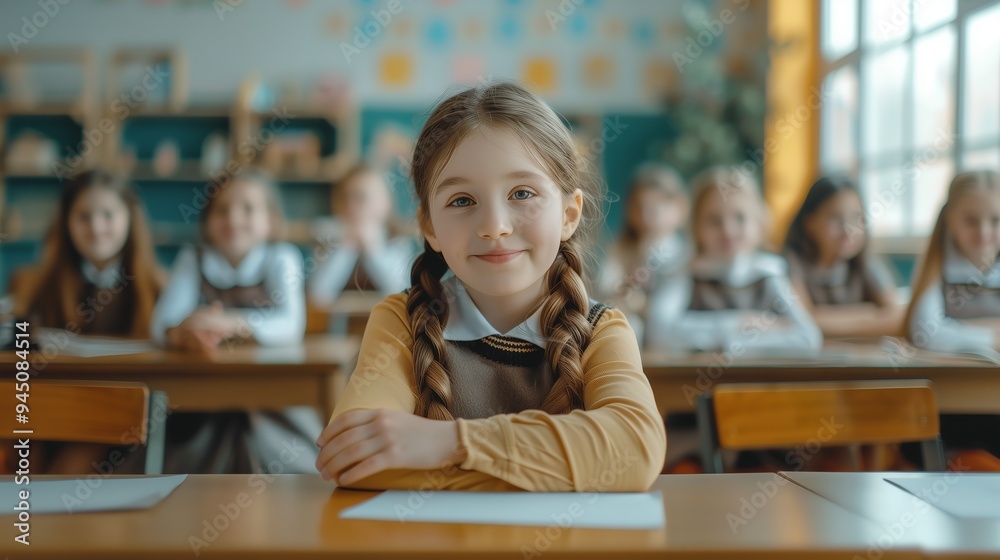 cute schoolgirl sitting at the desk, smiling, looking at the camera during the lesson cute schoolgirl sitting at the desk, smiling, looking at the camera during the lesson