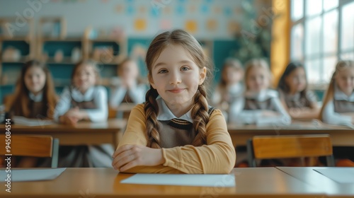 cute schoolgirl sitting at the desk, smiling, looking at the camera during the lesson