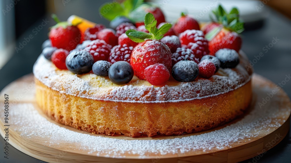 Delicious cake topped with fresh berries and dusted with powdered sugar, perfect for celebrations and dessert lovers. Delicious cake topped with fresh berries and dusted with powdered sugar, perfect for celebrations and dessert lovers.