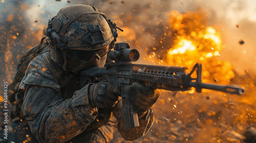 Soldier in Full Combat Gear Taking Aim Amidst a Chaotic Battlefield, Representing Courage, Precision, and the Harsh Realities of Military Combat in Intense Warfare Soldier in Full Combat Gear Taking Aim Amidst a Chaotic Battlefield, Representing Courage, Precision, and the Harsh Realities of Military Combat in Intense Warfare