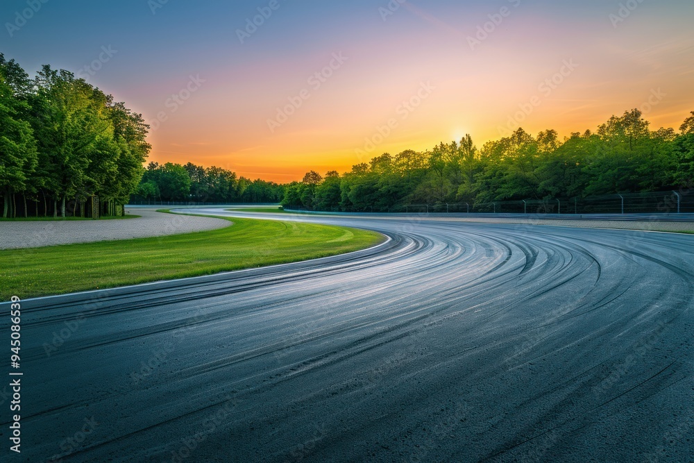 Race track at sunset with a curving asphalt road and green trees. Race track at sunset with a curving asphalt road and green trees.