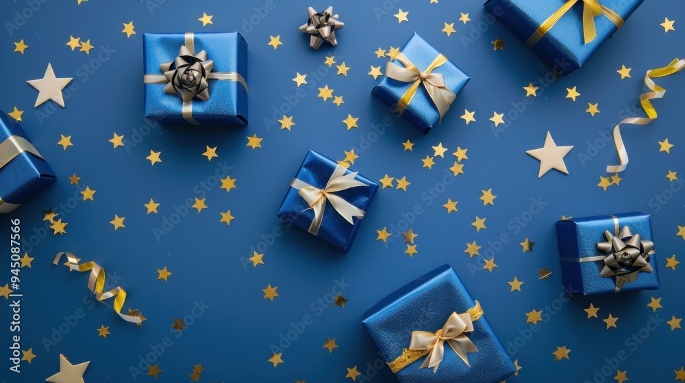 Blue gift boxes with golden ribbons and stars on a blue background. Flat lay composition for celebration and gift-giving concepts. Blue gift boxes with golden ribbons and stars on a blue background. Flat lay composition for celebration and gift-giving concepts.