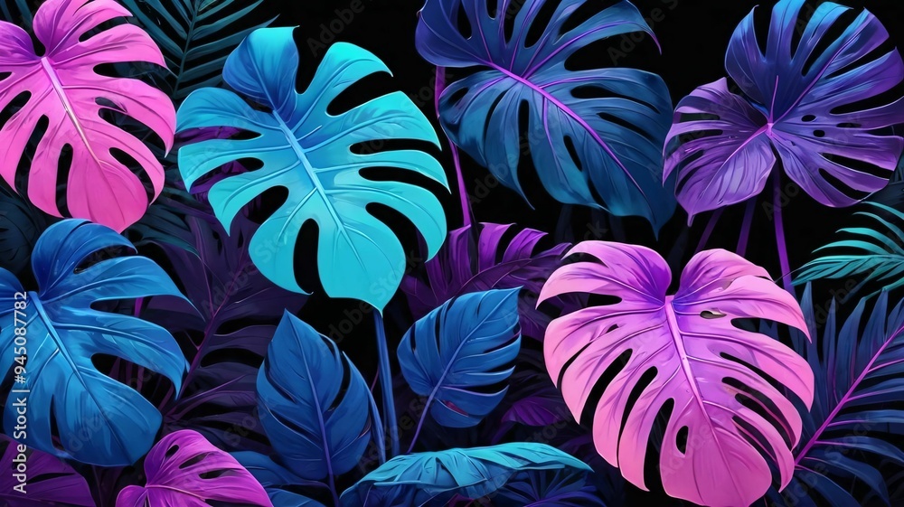 Purple blue and pink neon exotic tropical plant leaves background. Violet fluorescent monstera banner, jungle rainforest palm illustration, trendy advertisement poster Purple blue and pink neon exotic tropical plant leaves background. Violet fluorescent monstera banner, jungle rainforest palm illustration, trendy advertisement poster