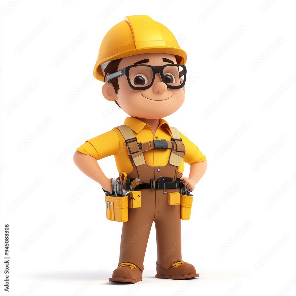 Smiling construction worker in a yellow hardhat holding tools Smiling construction worker in a yellow hardhat holding tools